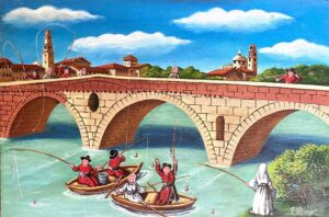 quadro arte pittore ulisse VERONA pescatori al ponte di pietra
