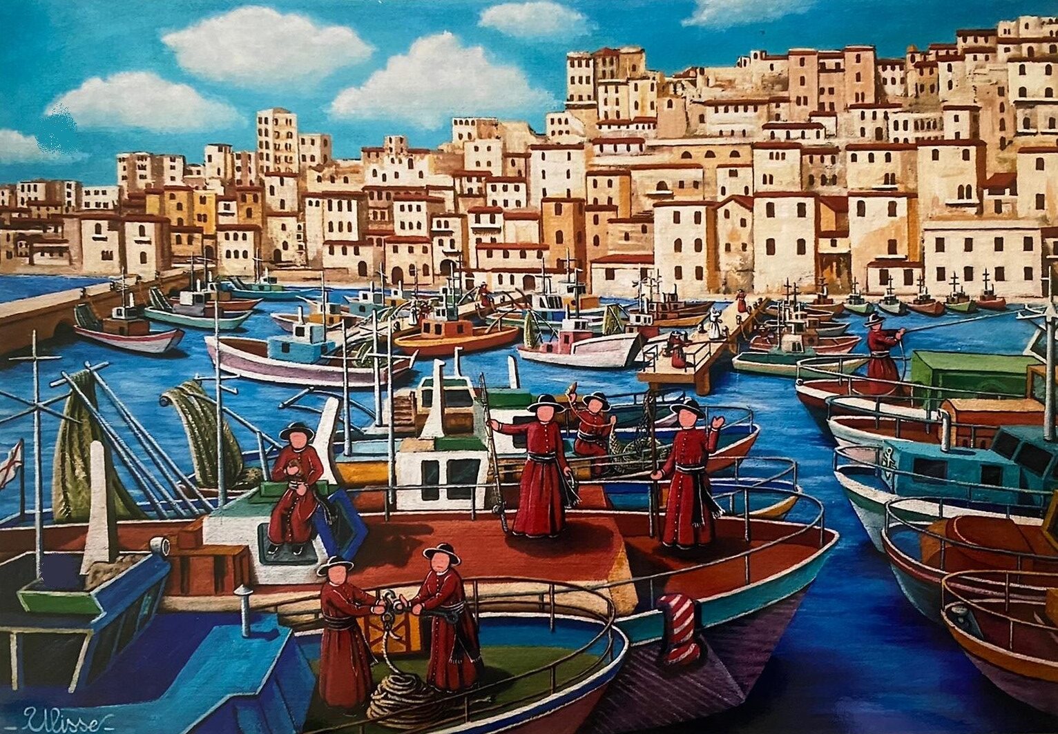 SCIACCA I PESCATORI 40X60 quadro arte pittore ulisse sciacca I PESCATORI