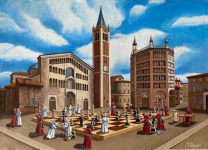 quadro arte pittore ulisse parma partita a scacchi in piazza duomo